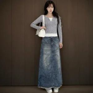 |KHK173C|여성 카모 패턴 롱 스커트 워싱 데님 트임 디자인