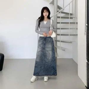 [신세계라이브쇼핑][옷자락] 여성 카모 워싱 데님 롱스커트 트임 무드 스커트