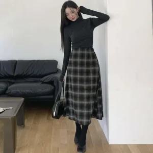 여성 하이웨스트 체크 배색 A라인 롱스커트