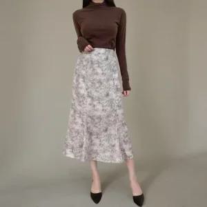 여성용 플라워 패턴 하이웨스트 머메이드 롱 스커트