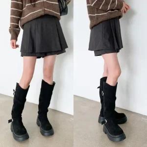 여성용 캐주얼 울 플리츠 A라인 미니 스커트 바지