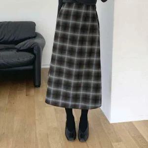 아트박스/신상오픈런 여성 도톰 하이웨스트 체크 A라인 롱스커트