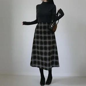 [신상오픈런]|KHK173F|여성 두꺼운 하이웨스트 체크 A라인 롱 스커트