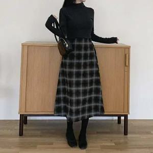[옷자락]여자 도톰 하이웨스트 배색 체크 a라인 롱 스커트