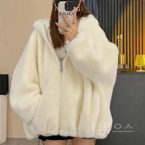 티류으스 여성 겨울 가짜 밍크 숏 퍼코트 후드 에코퍼 양가죽 플리스 아우터 Lyw