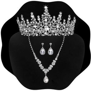 여성용 KICOSY 실버 주얼리 세트 크리스탈 크라운 티아라와 목걸이 키트, 신부 결혼식 할로윈 무도회 생일 파티 들러리 드레스