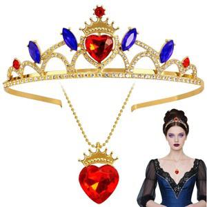 UV-BANS 레드 하트 목걸이 및 골드 크라운 티아라 주얼리 세트, 할로윈 코스프레 파티를 위한 로열 프린세스 코스튬 액세서리