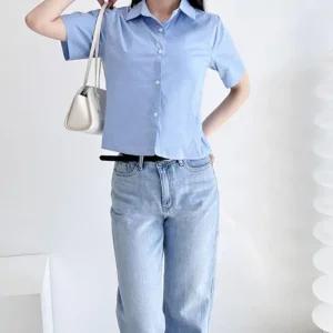 [아우트]베이직셔츠 블루 반팔셔츠 오피스룩 20대