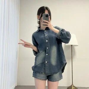 [하프클럽/]여자 롱슬리브 워싱 핫팬츠 청청셋업 FW 세트