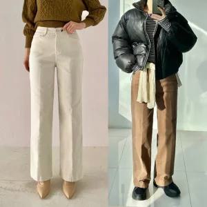 기모 피치세미와이드 겨울 하우룩 밴딩 피치기모 코튼일자통바지