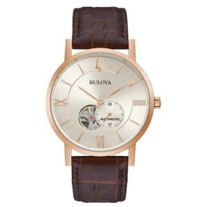 Bulova 부로바 불로바 남성용 클래식 오토매틱 스켈레톤 브라운 가죽 스트랩 시계 42mm 97A150 572669