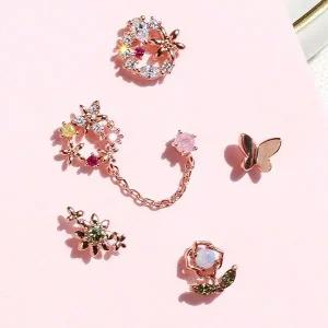 [콩심팥심]핑크 블라썸 체인 연결 레이어드 투핀 피어싱