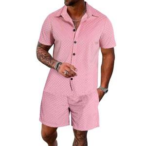 UUA 남성 벨루어 운동복 2피스 의상 반팔 버튼 다운 셔츠와 숏 세트 캐주얼 트레이닝복