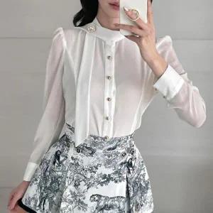 [신상오픈런]|KSH41B3|여성 하객룩 큐빅 포인트 긴팔 블라우스 스카프 콩단추