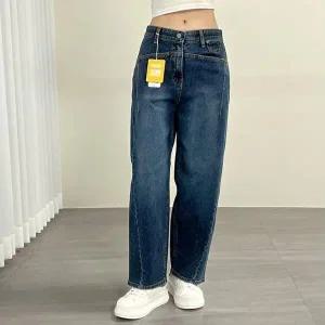 [옷자락]여자 유니크 절개 사선 속밴딩 와이드 배기핏 청바지