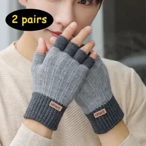 2쌍 남성용 겨울 반장갑 니트 장갑 사무실용 손가락 노출형 두꺼운 탄력 운전용