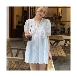 더그랜 펀칭 레이 퍼프 반팔 롱 블라우