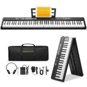 UISCOM 키보드 피아노 88 키 세미 웨이트 휴대용 디지털 초보자를 위한 풀사이즈 접이식 전동 키보드, 지속 페달, 케이스, MIDI, 가정용/무대용 블랙
