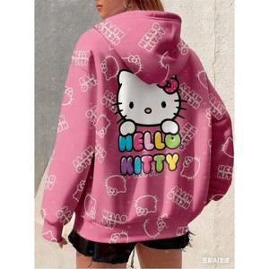 2025 여성 겨울 플러스 사이즈 헬로 키티 프린트 후드 스웨트셔츠 야외용 올매치 후디 소녀 상의 의류