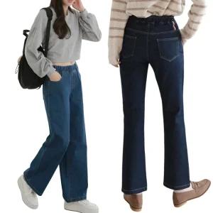 여성 겨울 빅사이즈 융털 밴딩 청바지 따뜻한 융 기모 본딩 중년 일자 통 데님