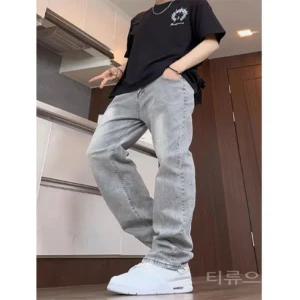 티류으스 남성 레트로 기모 데님 바지 가을 겨울 아메리칸 워시 루즈핏 캐주얼 팬츠 Lyw