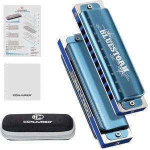 초보자를 위한 10홀 디아토닉 하모니카 컨저 블루스 인 C 키 형광 브론즈 리드 황동 디럭스 마우스 오르간 하프 케이스, 블루