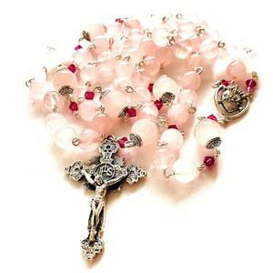 우아한 용 핸드메이드 핑크 쿼츠 크리스탈 비드 스털링 실버 가톨릭 묵주 십자가 목걸이 상자