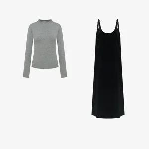 [25 신상] 반목 긴팔 니트 풀오버 + 뷔스티에 벨벳 원피스 SET (VLOAZ1545)