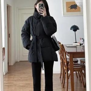 여성 숏 패딩 슬림 벨트 하이넥 여성 허리 패딩 겨울