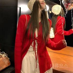 티류으스 여성 가을 레트로 레드 니트 가디건 리본 타이 디자인 독특한 상의 Lyw