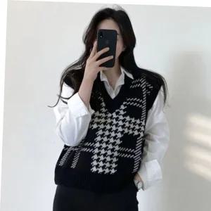 데일리크롭니트 여자 데일리 격자 체크 패턴 크롭 v넥 니트