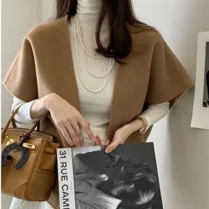 여성 숏자켓 반팔 케이프 베스트 울 노카라