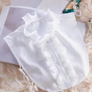 세련되고 격식있는 패션 완성 셔링 단추 디자인 페이크넥 블라우스 니트 레이어드 스타일