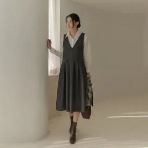 [66-110] 야터 헤링본 브이 주름 나시 원피스