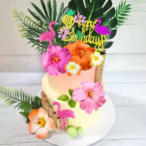 LaVenty 열대 플라밍고 생일 케이크 토퍼 비치 케이크 장식 하와이 케이크 토퍼 생일을위한 비치 케이크 장식