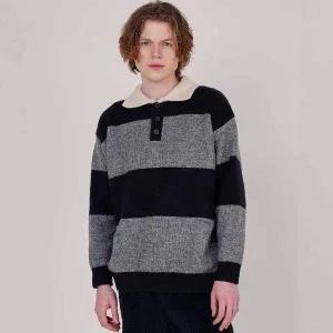 [커스텀어스]남자 울혼방 단가라 럭비 카라니트 CXS25WSKTC26 NAV