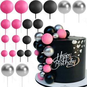 블랙 핫 핑크 볼 케이크 토퍼, 핫 핑크 블랙 메탈 실버 케이크 볼, 생일 웨딩 베이비 샤워 케이크 장식, 30