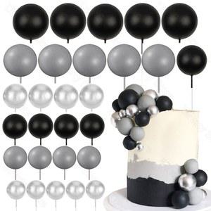 1 세트 블랙 실버 케이크 공 토퍼 중반 그레이 블랙 메탈 실버 케이크 공 결혼식 생일 새해 2024 케이크 장식