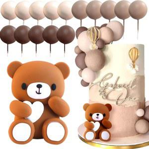 LaVenty 베이지 브라운 베어 케이크 장식 베이지 브라운 볼 케이크 토퍼 Boho Bears 케이크 케이크 장식 생일 케이크 장식