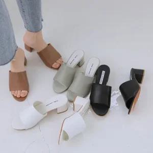 여성 라운드 발등 라인 소가죽 통굽 키높이 슬리퍼
