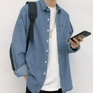 남녀공용 여유 핏 데일리 캐주얼 레이어드 데님셔츠 남성셔츠