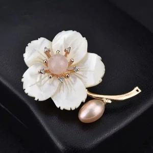 [골드스마일]자개 브로치 지르코니아 담수진주 꽃 단아한 핑크진주