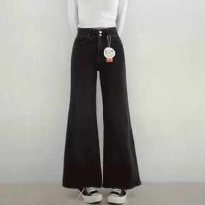 [문에이블]문에이블 여자 여성 겨울 투버튼 와이드핏 넓은밴딩 포켓 기모 편한 스판 데님 팬츠 청바지