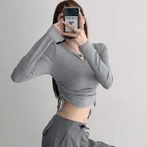 여성 셔링 슬림 롱 슬리브 크롭 긴소매 티셔츠