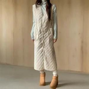 |CMO589E|여성용 브이넥 포켓 민소매 롱 원피스 단추 누빔 캐주얼 드레스