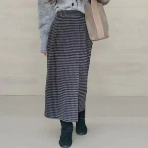 |KMK17CD|여성 체크 패턴 롱 스커트 일자핏 밴딩 모직 데일리 룩