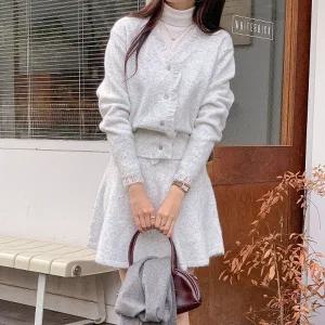 [다잇템] 여자 브이 미니스커트 귀여운 프릴 울니트가디건 세트_23822481_588872