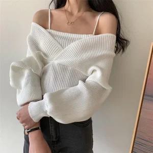 [라일리여성의류] Rly 티셔츠 끈 봄 여성 니트 오프숄더 브이넥 롱니트