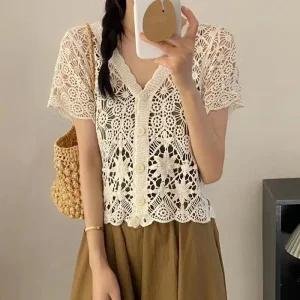 [라일리여성의류] Rly 여성 크로쉐 뜨개 반팔 브이넥 여름 가디건 베이