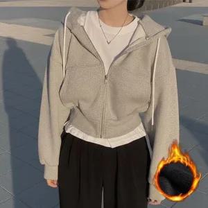 [라일리여성의류] Rly 여성 크롭 기모 후드집업 루즈핏 겨울 데일리 스